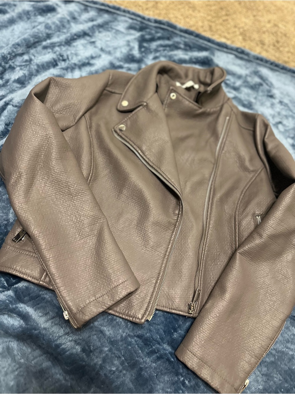 Womens Grey  Faux Leather Moto Jacket - Classic Biker Style